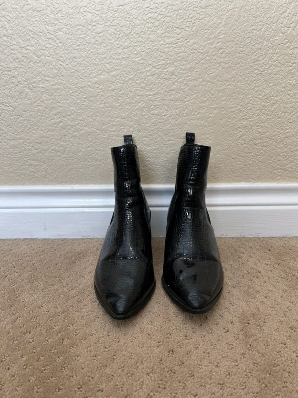 Black Croc-Embossed Patent Block-Heel Ankle Booties, Size 9.5